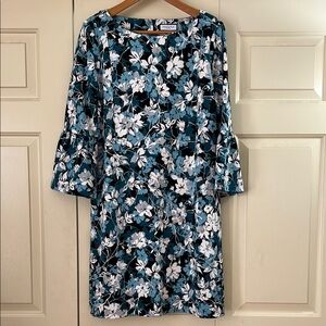 Charter Club Black, Teal and White Floral 3/4-Sleeve Shift Dress Size PL